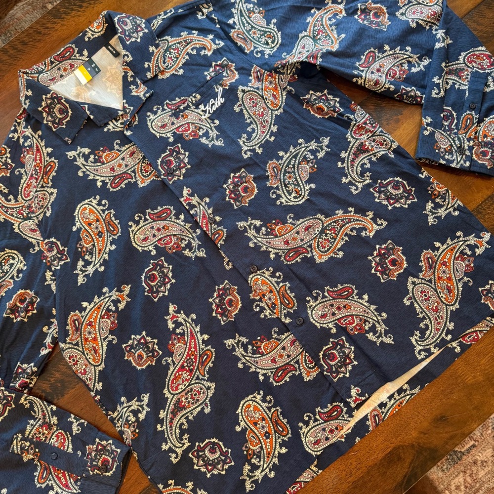 Kith Paisley Silk Cotton Button Down Shirt Navy Orange XL Long Thompson Camp New